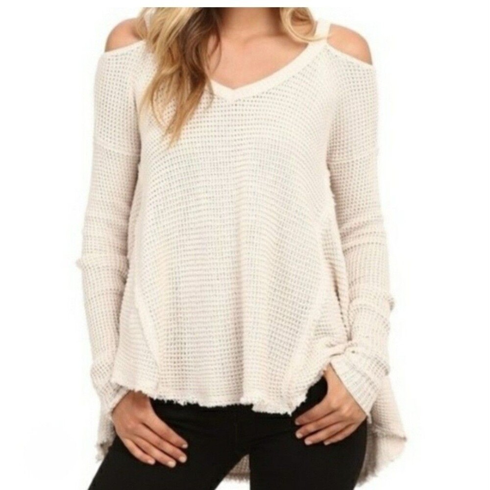 Free People Sunrise Size XS Cold Shoulder Tunic Sweater Beige Waffle Knit 